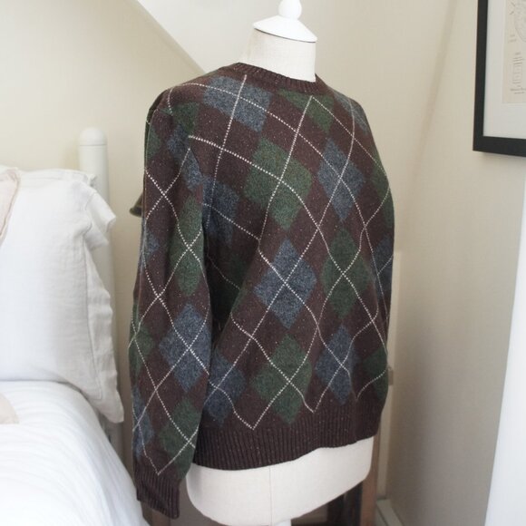 Lands End Brown Green & Dark Gray 100% Wool Argyle Sweater Size Large - Picture 1 of 9